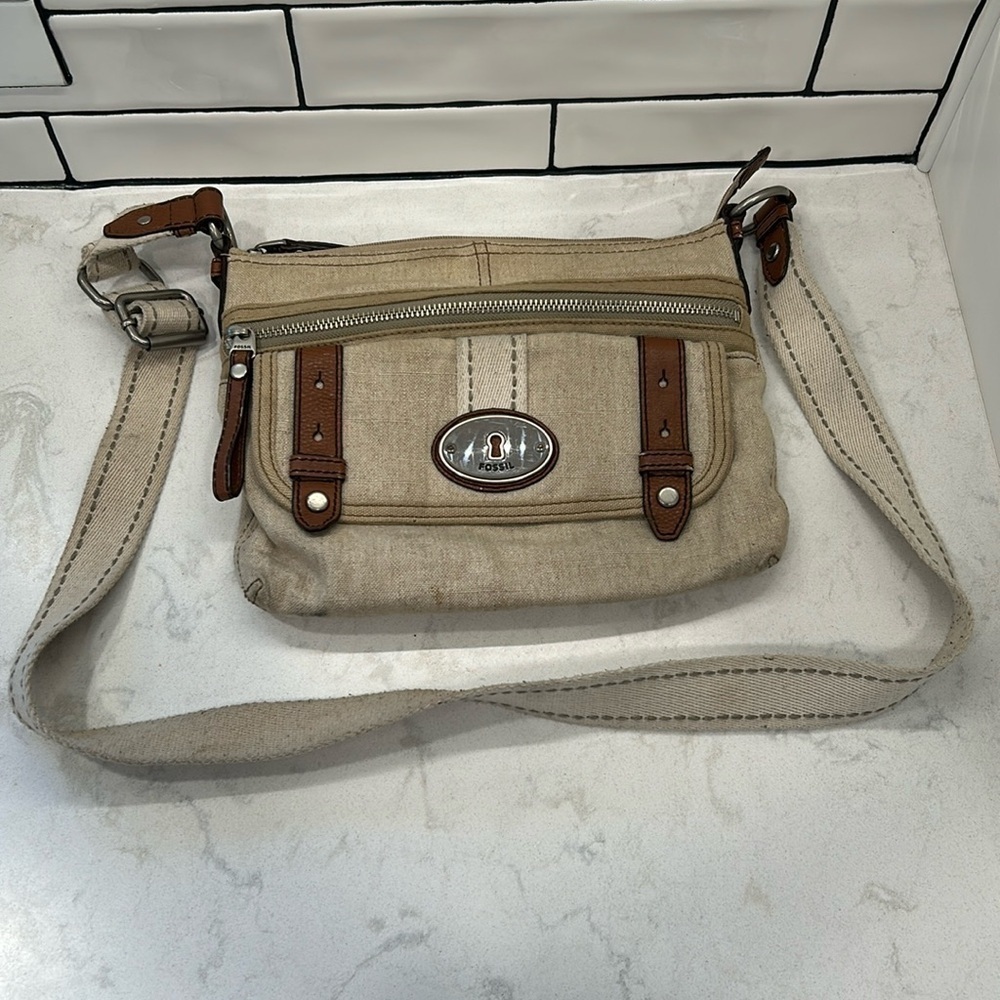 Fossil Oatmeal Linen Canvas Crossbody Bag Purse
